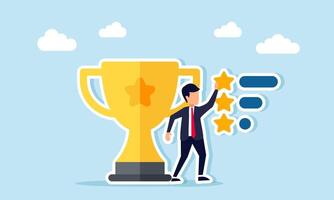 Businessman standing in front of trophy arranging three-star list illustrating quality business standardization as a leading company vector