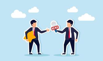 Journalist interviewing businessman holding a star illustration of interview about success in improving business quality vector