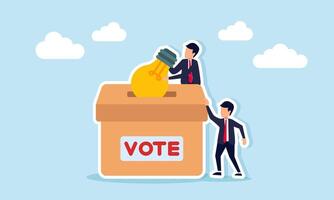 Businessman collaborating to put lamp into vote box illustration of voting to decide business idea implementation vector