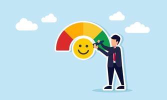 Businessman adjusting level indicator machine marked with happy emoticon illustration of market attention performance toward business product vector