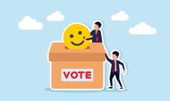 Businessman collaborating to put happy emoticon into vote box illustration of voting to get business satisfaction rating vector