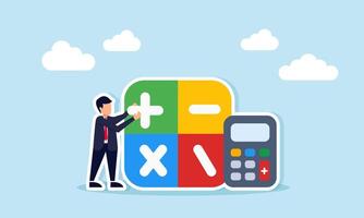 Businessman stacking math operator boxes beside calculator representing business risk calculation vector
