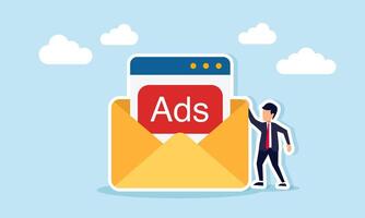 Businessman standing beside an envelope containing application documents showing banner ads illustration of email broadcast about business advertising vector
