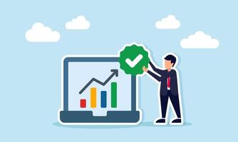Businessman holding checkmark beside laptop showing rising chart illustration of business performance verification and validation vector