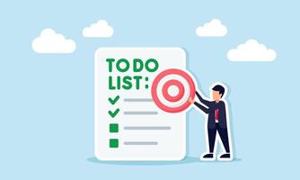 Businessman holding a target board beside a to do list document illustrating steps to accomplish business goals vector