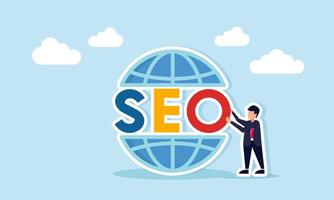 Businessman with SEO text placed on a globe illustration of the ability to use SEO for digital business search optimization vector
