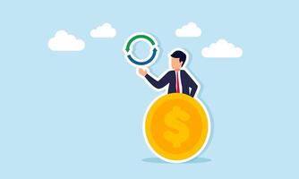 Businessman emerging from behind dollar coin showing continuous icon illustration of business company cash flow circulation vector