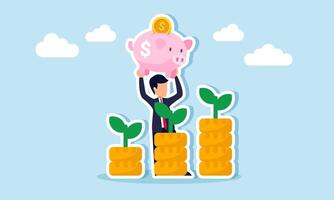 Businessman holding piggy bank behind graph with stacks of dollar coins and plants on each part of graph illustration of progress in business financial investment performance vector
