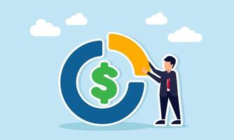 Businessman assembling a dollar marked pie chart illustration of calculating business profit revenue and expenses vector