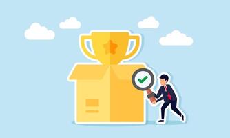 Businessman hold magnify glass with check mark examining package box with trophy illustration of observe and analyzing strategy to become a lead company in logistics business vector