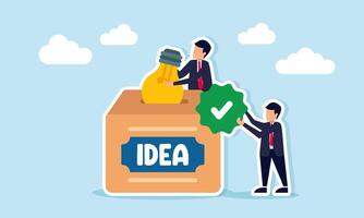 Businessman putting a lit lamp into a box labeled idea while another holds a checkmark illustration of giving the right business idea suggestion vector