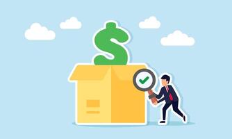 Businessman holding magnifying glass with check mark examining package box with dollar sign illustration of observing and analyzing logistics business financial performance vector