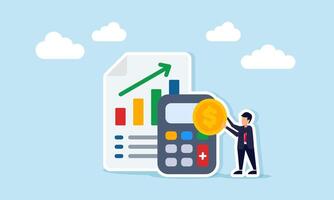 Businessman holding dollar coin beside calculator and paper with graph data illustration of calculating risk of business investment assets vector