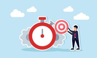 Businessman holding target board next to stopwatch and gears illustration of deadline and timeline in achieving business target vector