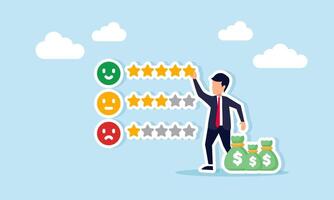 Businessman with many bags of money arranging five stars on review list illustration of good review and good profit vector