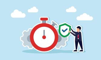 Businessman holding shield with checkmark next to stopwatch and gears illustration of business project completion according to timeline vector