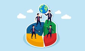 Businessmen gathered around a pie chart with one holding a globe illustration of global or international business classification vector