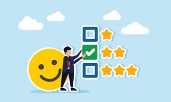 Businessman with happy emoticon placing check mark on star list illustration of progress improving business quality to gain more attention and positive response from public vector