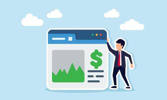 Businessman standing beside an app interface showing a graph and dollar sign illustration of digital business financial monitoring and analysis vector
