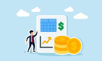 Businessman standing beside financial report with dollar symbol rising graph and coin stacks business performance illustration vector