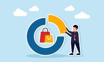 Businessman assembling a shopping bag marked pie chart illustration of calculating business spending budget for operational needs vector