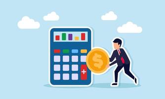 Businessman holding dollar coin next to calculator showing chart illustration of calculation and business finance decision prediction vector