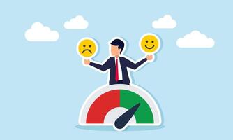 Businessman emerging from performance level indicator holding happy and sad emoticons illustrating confusion in determining business product review results vector