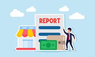 Businessman standing beside wallet store and document paper labeled report illustration of business performance report vector
