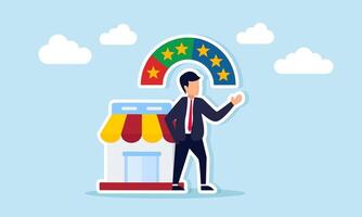 Businessman with level indicator standing beside store illustration of measuring marketplace business quality standard vector