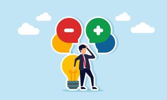 Businessman with light bulb appearing confused with plus and minus chat icons illustrating uncertainty in risk calculation and selecting the right business idea vector