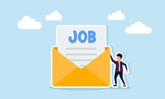 Businessman standing beside an envelope containing a document labeled job illustration of email about job application vector