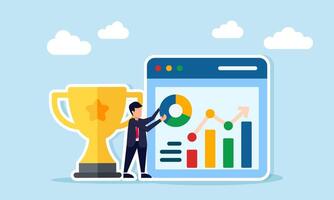 Businessman standing near a trophy arranging a chart on an app interface illustration of monitoring and analyzing performance statistics as a leading business company vector