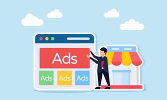 Businessman placing an ads sign on an app interface near a store illustration of advertising to optimize business promotion vector