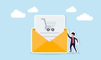 Businessman standing beside an envelope containing a document with a shopping cart illustration of email offering business products vector