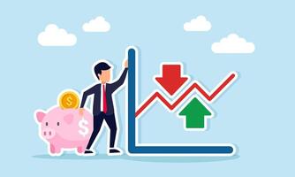 Businessman standing between piggy bank and fluctuating line chart illustration of fluctuating financial performance of business investment vector
