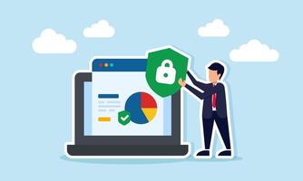 Businessman holding shield with lock symbol beside laptop displaying pie chart illustrating corporate digital data security vector