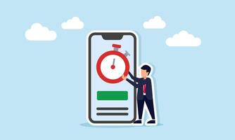 Businessman next to smartphone holding stopwatch illustration of setting project timeline for digital business completion vector