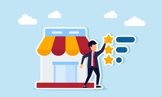 Businessman standing in front of store arranging three-star list illustrating quality marketplace business standardization vector
