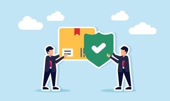 Businessman carrying package box and another holding shield with check mark illustration of trusted and verified shipping business vector
