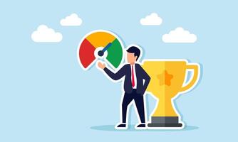 Businessman beside trophy showing performance level indicator illustrating excellent business team performance as a leading company vector