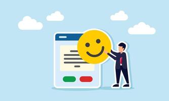 Businessman carrying happy emoticon next to application interface illustration of positive response to application use supporting business work efficiency and effectiveness vector