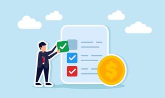 Businessman placing checkmark on task list document beside dollar coins representing business financial milestone or progress vector
