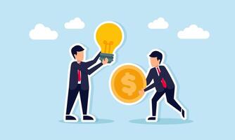 Businessman holding a happy emoticon and another holding a dollar coin illustration of applying ideas and innovation in business to increase profit and revenue vector