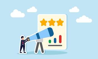 Businessman looking at paper with three stars and graph illustration of monitoring and analyzing business quality and standards vector