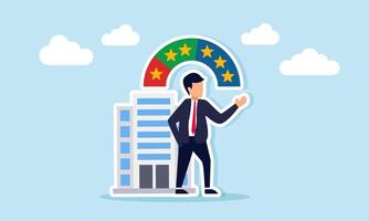 Businessman with level indicator standing beside business company building illustration of measuring business company quality standard vector