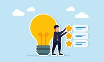 Businessman arranging star list near lamp illustration of review on quality standard of business idea suggestions vector