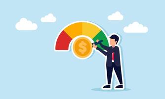Businessman adjusting performance level indicator machine marked with dollar coin illustration of business financial performance vector