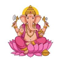 A vibrant illustration of Lord Ganesha, the Hindu god of wisdom, sitting on a lotus flower. He holds an axe and a modak. vector