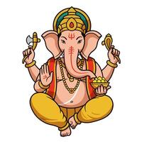 Line art illustration of Ganesha, the Hindu god, in a serene pose, holding a bowl of modak. vector