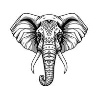 A detailed illustration of an elephant's head adorned with intricate tribal patterns. Black and white design. vector